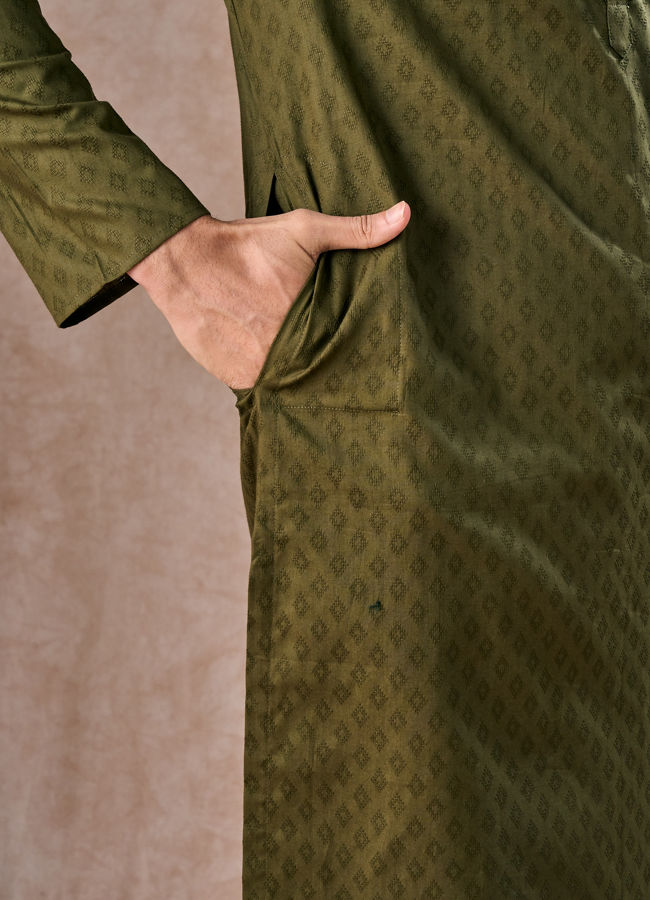 Manyavar Men Olive Green Cotton Kurta Pajama