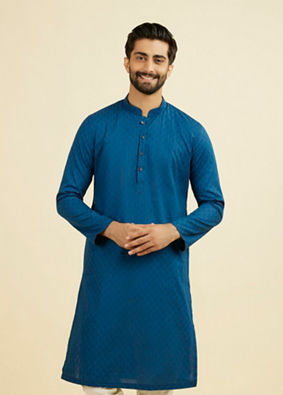 Manyavar Men Teal Blue Cotton Kurta Pajama Set