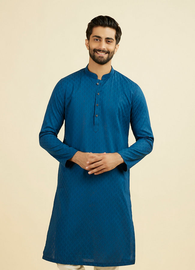 Manyavar Men Teal Blue Cotton Kurta Pajama Set