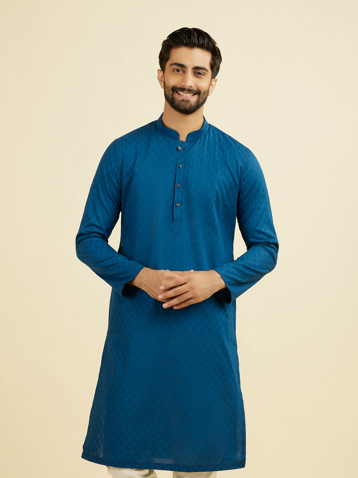 Manyavar Men Teal Blue Cotton Kurta Pajama Set