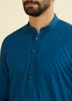 Manyavar Men Teal Blue Cotton Kurta Pajama Set
