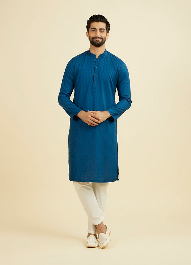 Manyavar Men Teal Blue Cotton Kurta Pajama Set