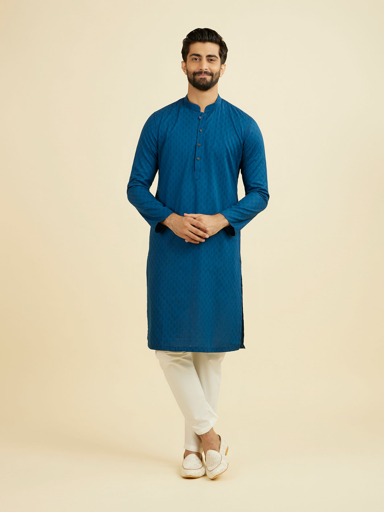 Manyavar Men Teal Blue Cotton Kurta Pajama Set
