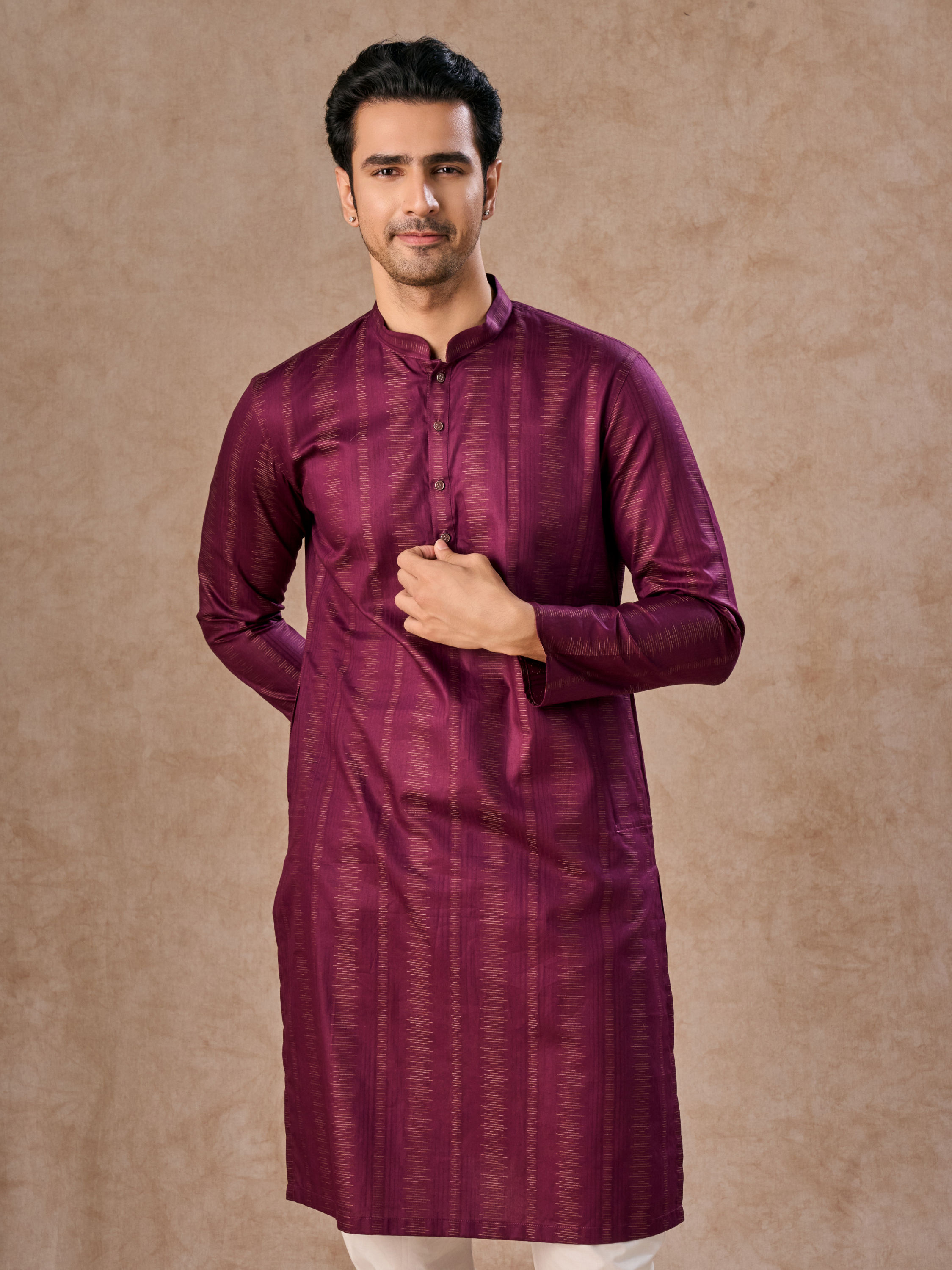 Manyavar Men Wine Hues Cotton Kurta Pajama