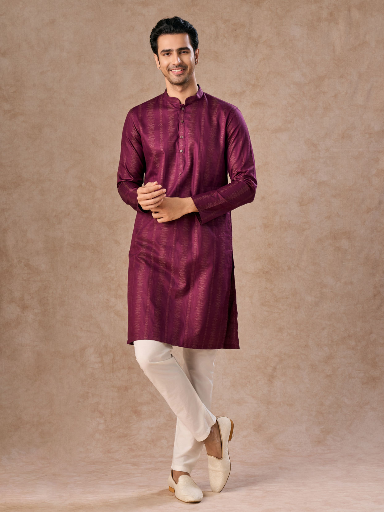 Manyavar Men Wine Hues Cotton Kurta Pajama