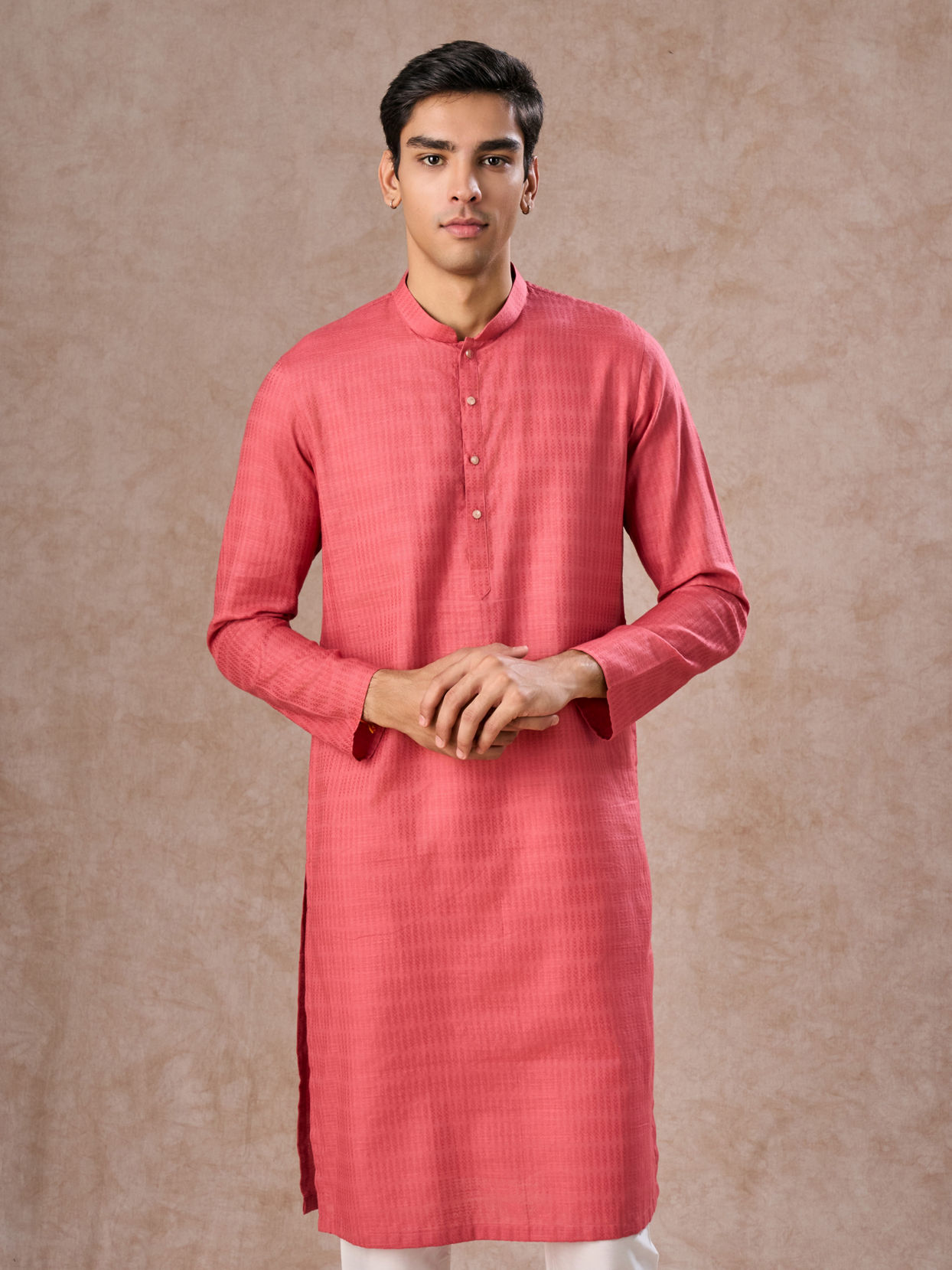 Manyavar Men Coral Hued Cotton Kurta Pajama