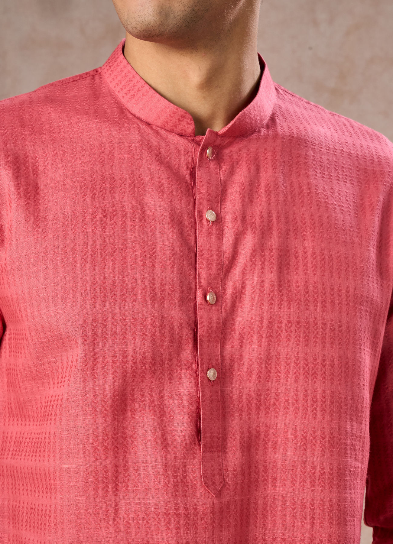 Manyavar Men Coral Hued Cotton Kurta Pajama