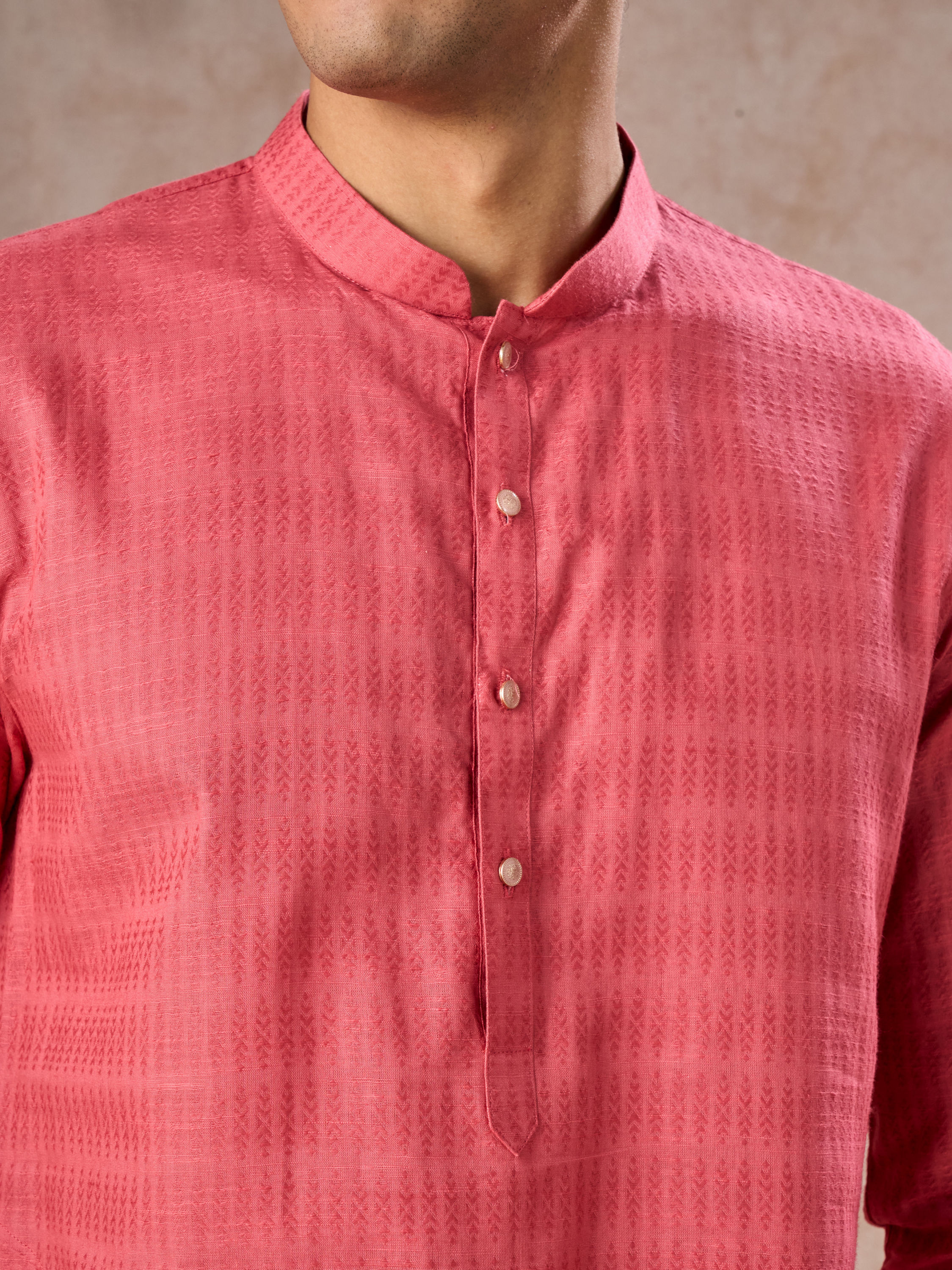 Manyavar Men Coral Hued Cotton Kurta Pajama