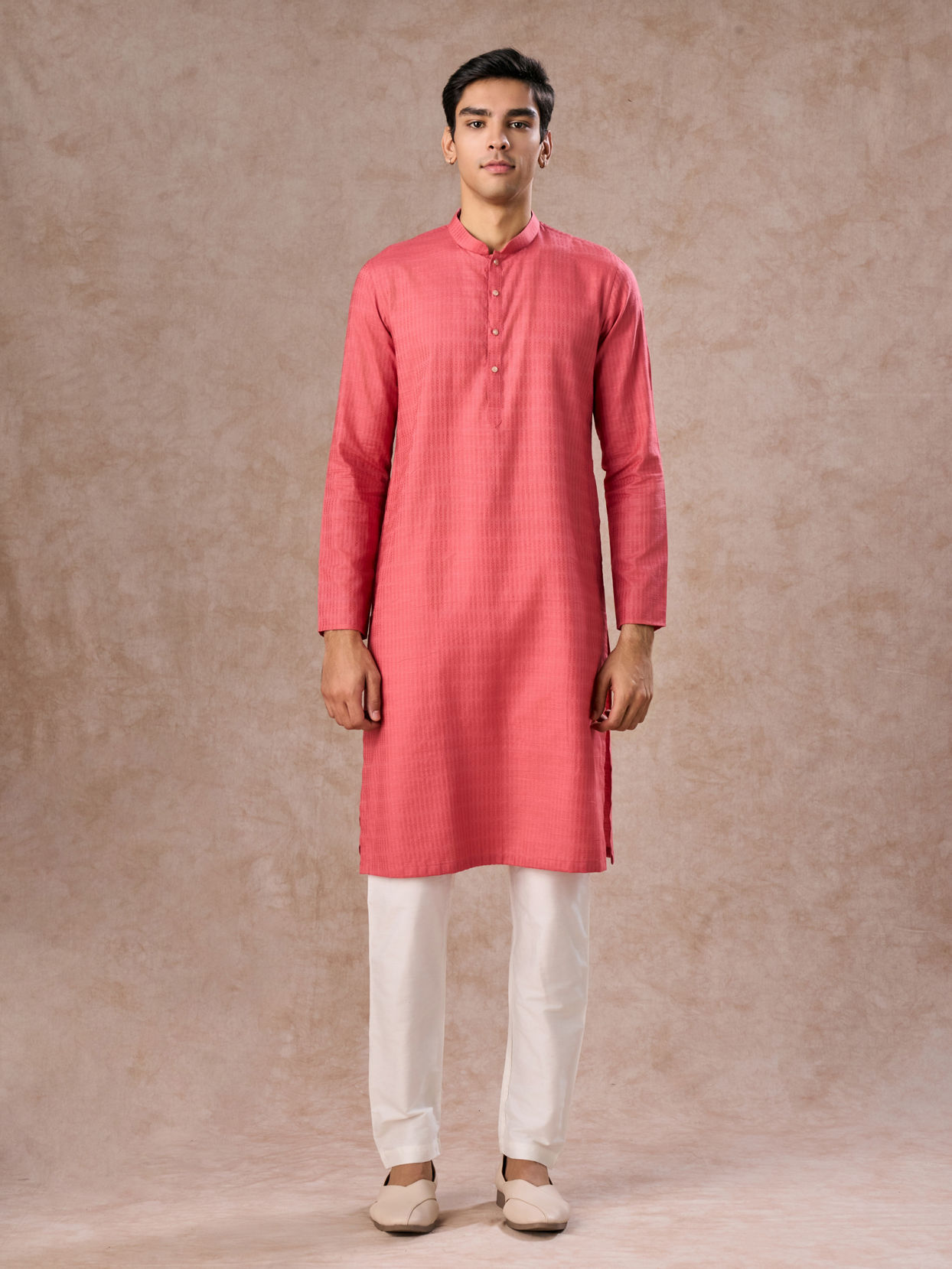 Manyavar Men Coral Hued Cotton Kurta Pajama