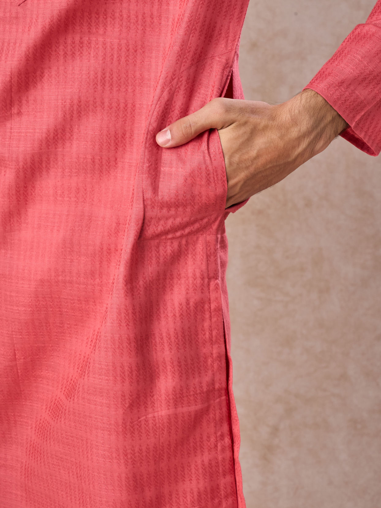 Manyavar Men Coral Hued Cotton Kurta Pajama