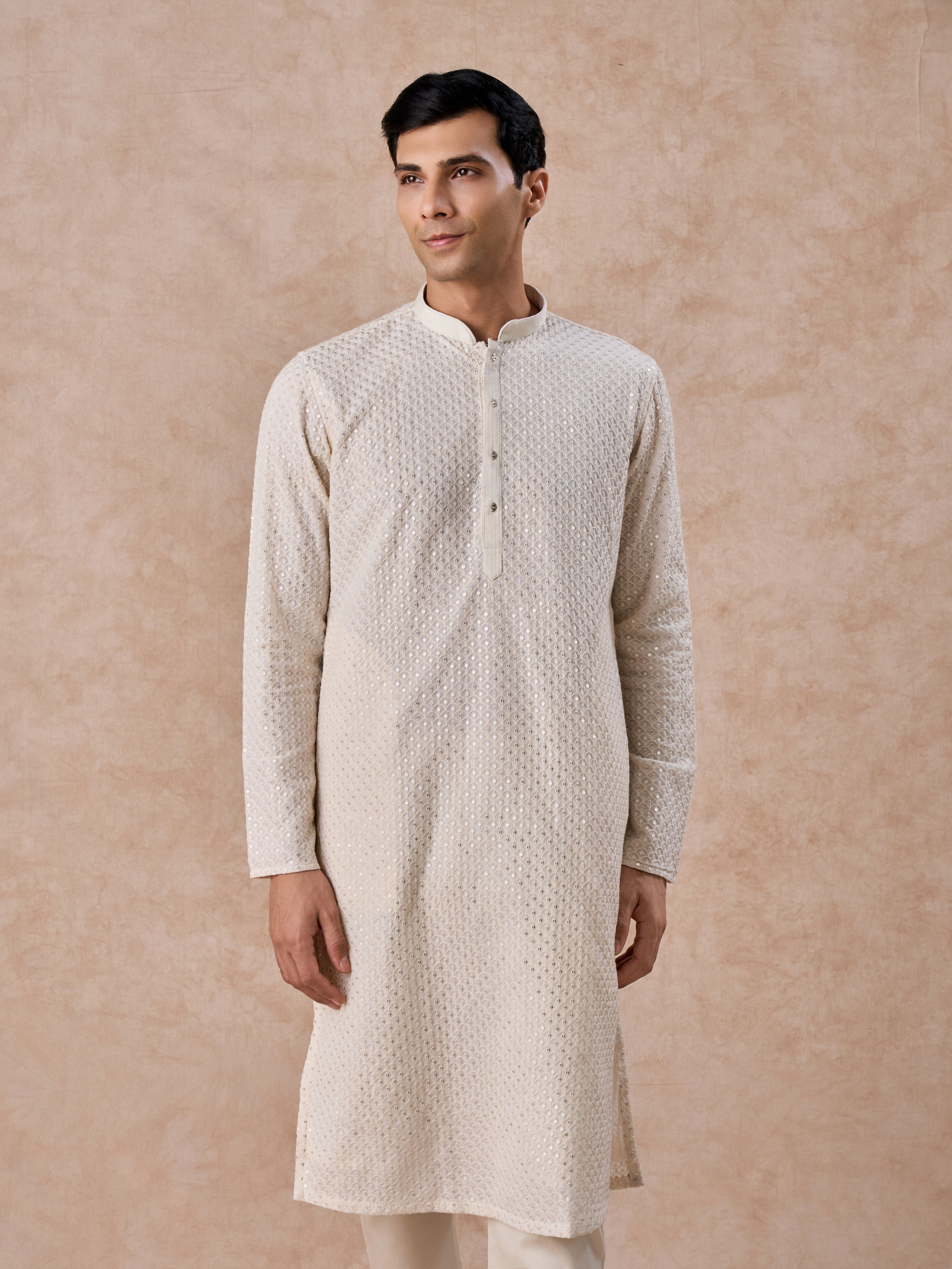 Manyavar Men Regal Cream Georgette Kurta Pajama