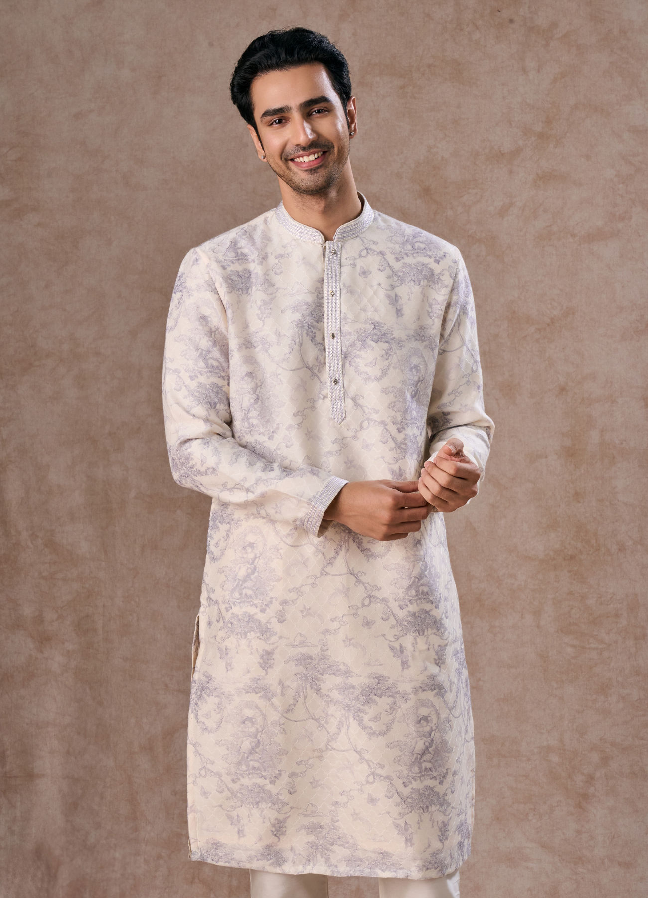 Manyavar Men Radiant Cream Lilac Kurta Pajama
