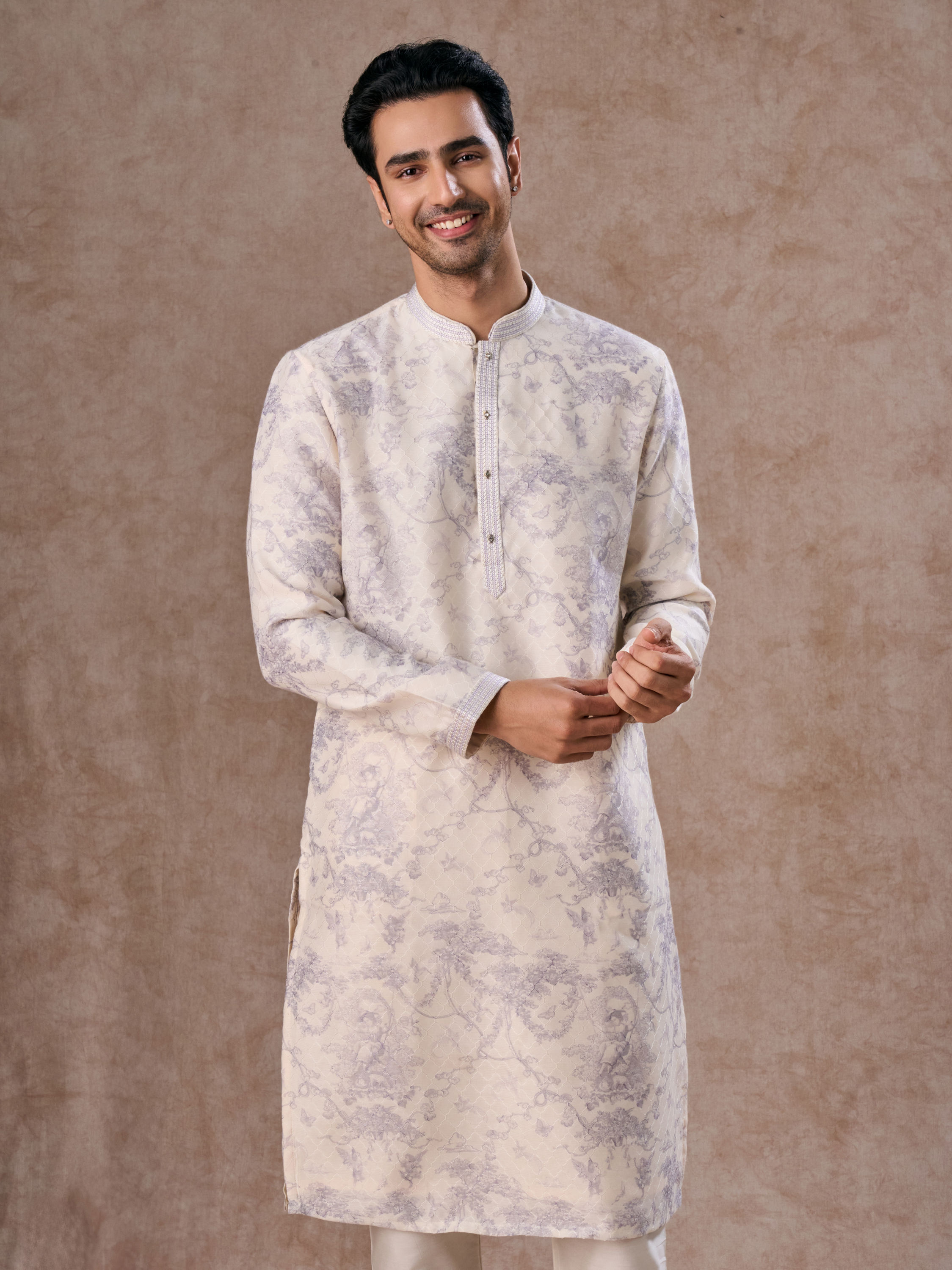 Manyavar Men Radiant Cream Lilac Kurta Pajama