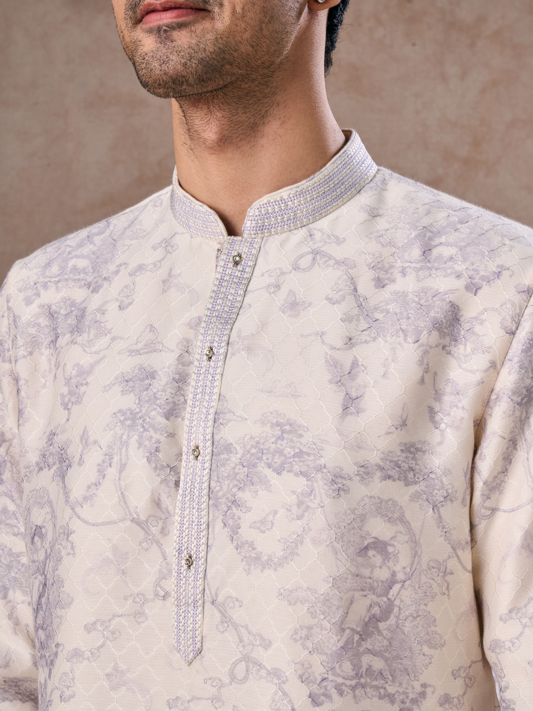 Manyavar Men Radiant Cream Lilac Kurta Pajama