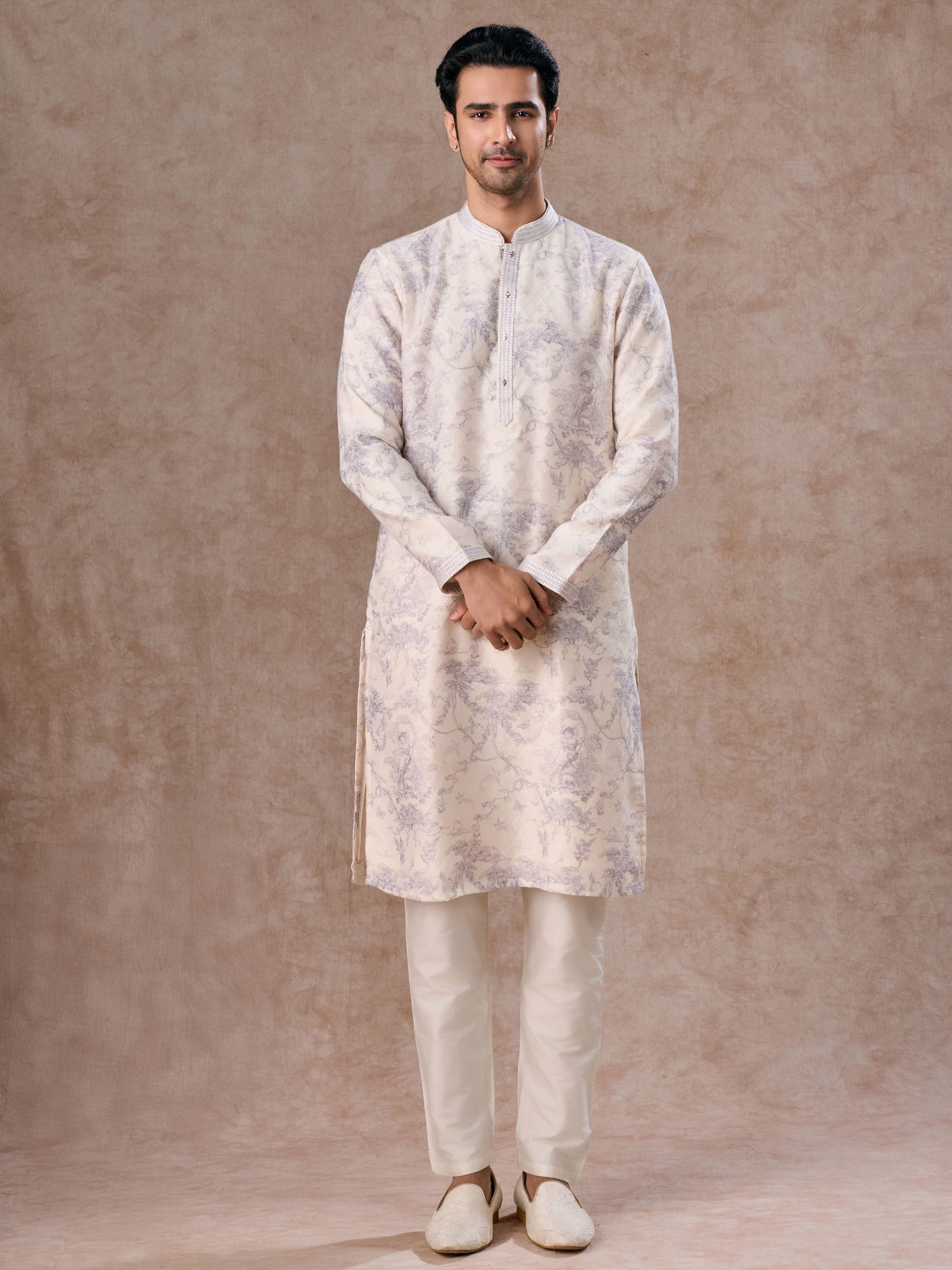 Manyavar Men Radiant Cream Lilac Kurta Pajama