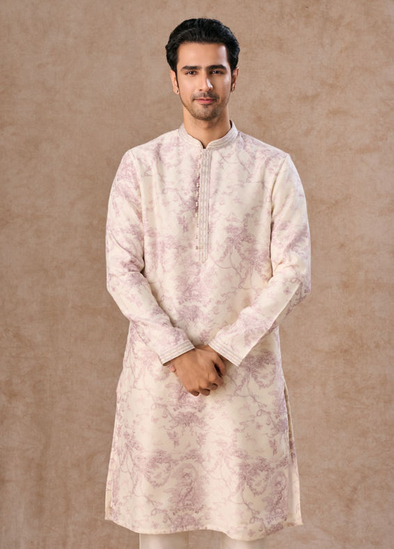 Manyavar Men Cream Dusty Pink Festive Kurta Pajama
