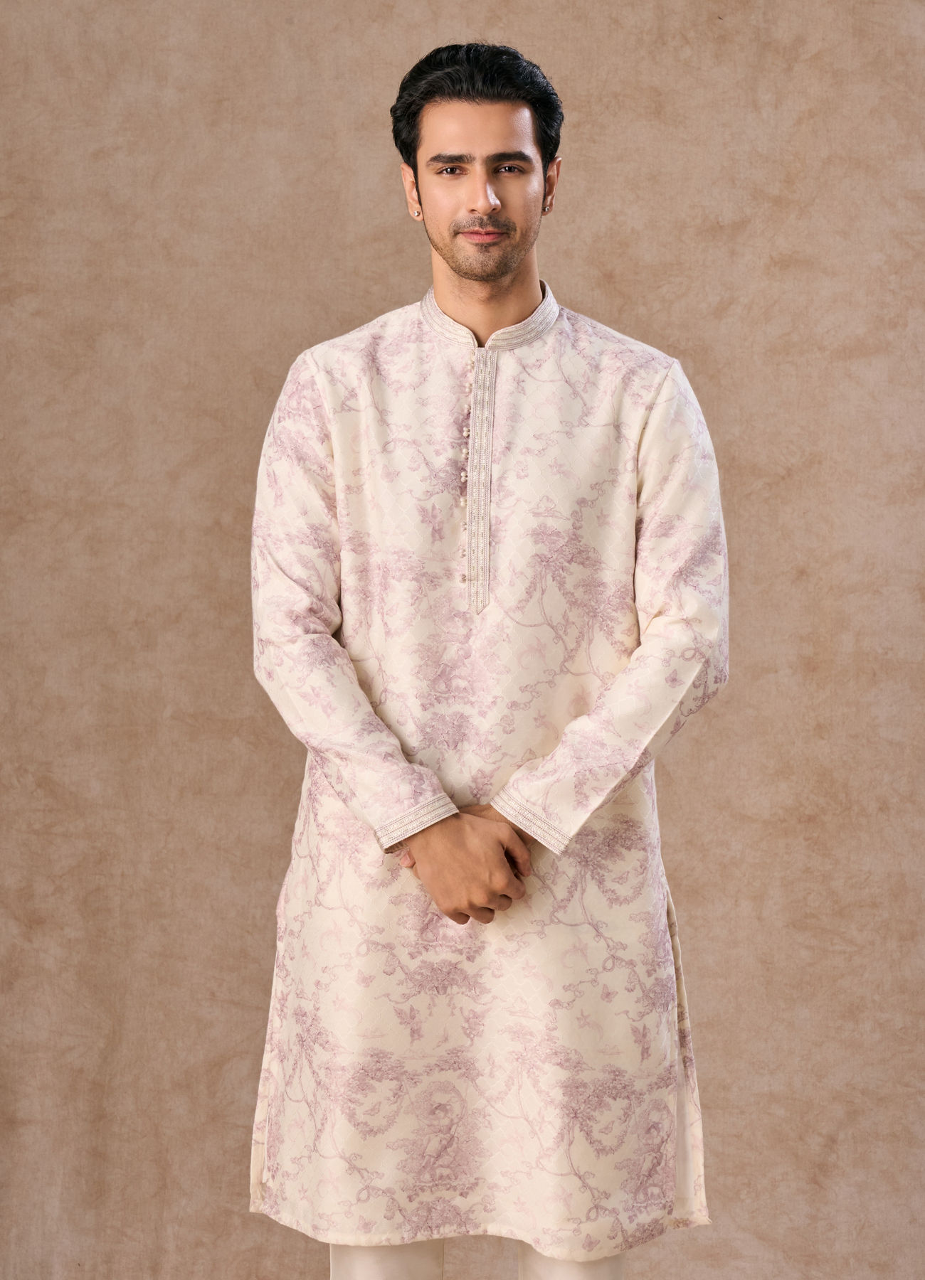 Manyavar Men Cream Dusty Pink Festive Kurta Pajama