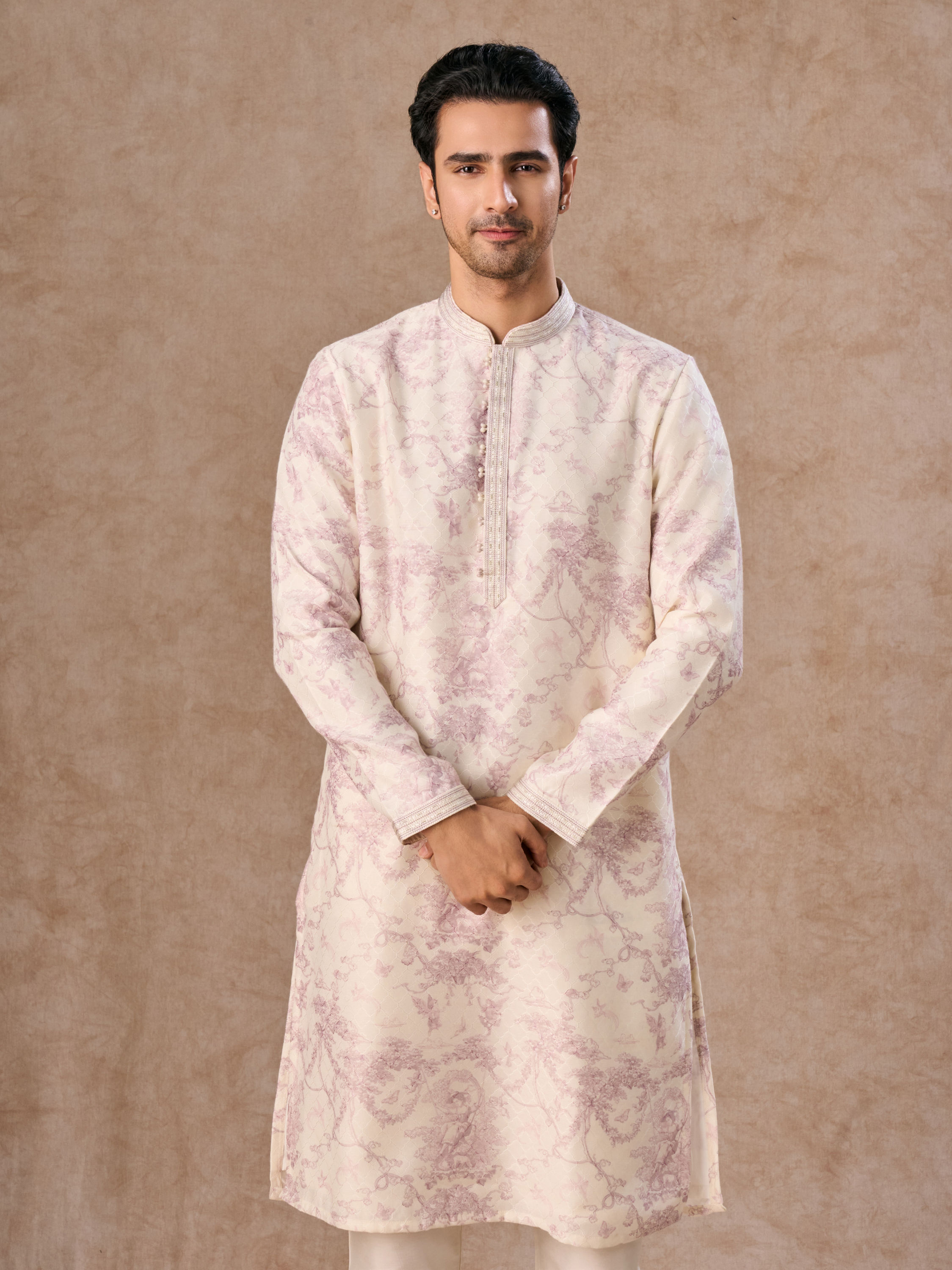 Manyavar Men Cream Dusty Pink Festive Kurta Pajama