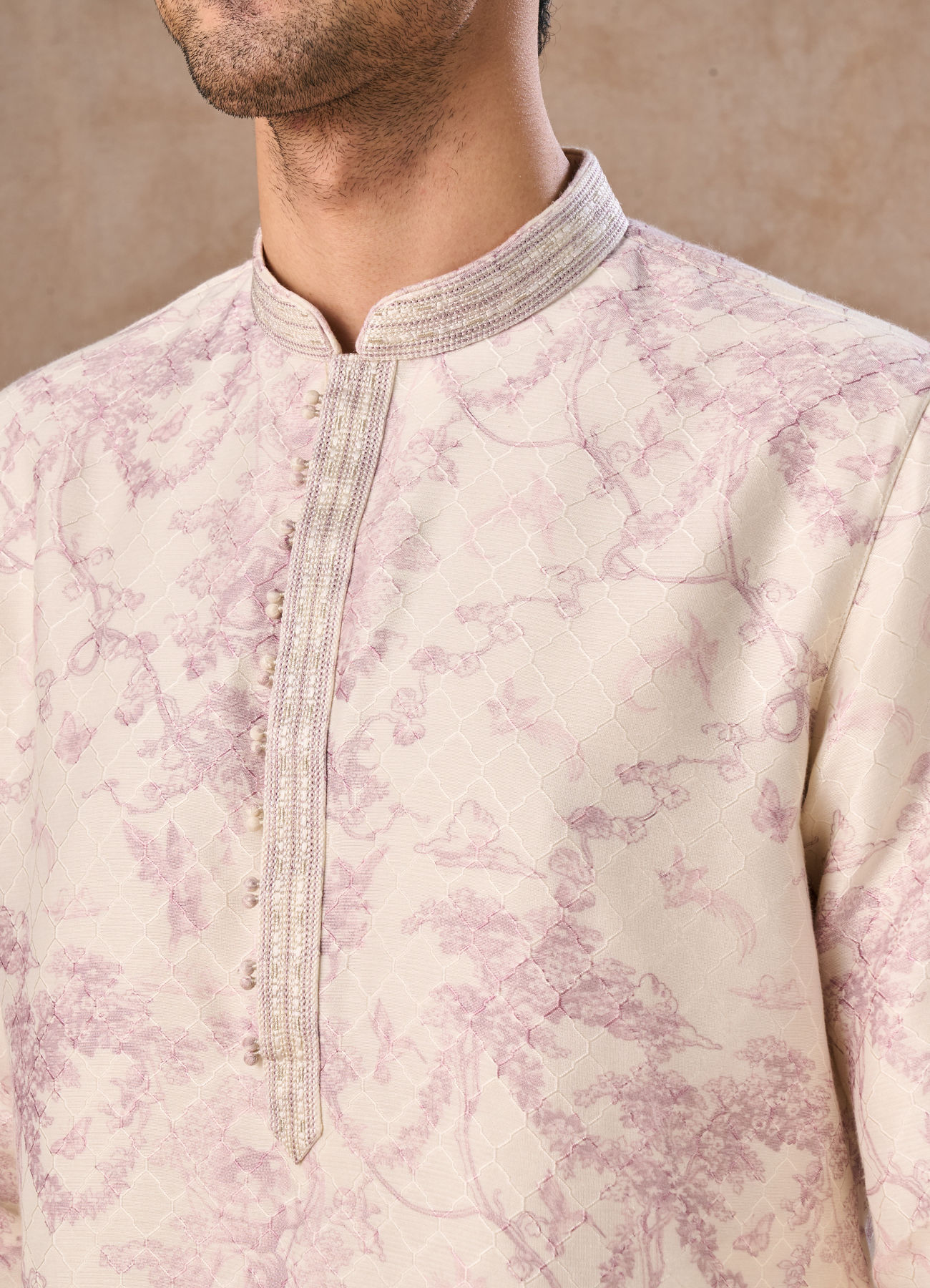 Manyavar Men Cream Dusty Pink Festive Kurta Pajama
