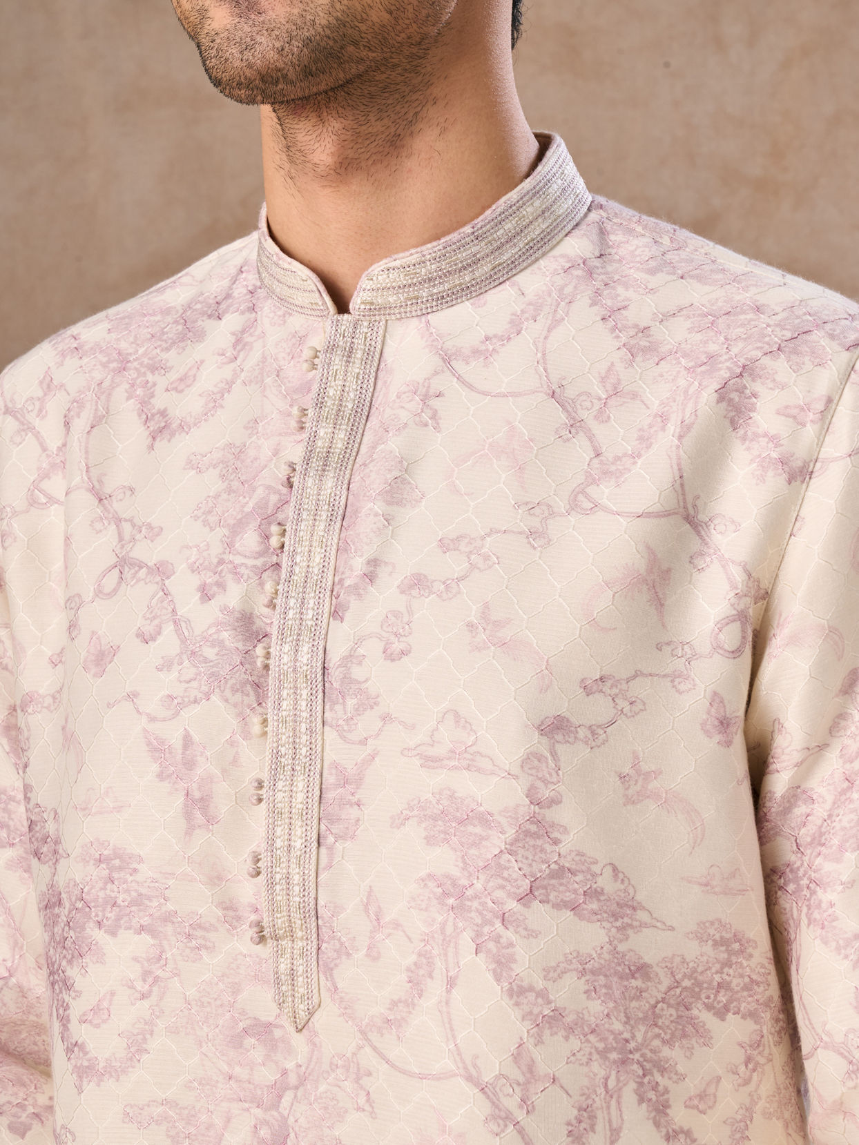 Manyavar Men Cream Dusty Pink Festive Kurta Pajama