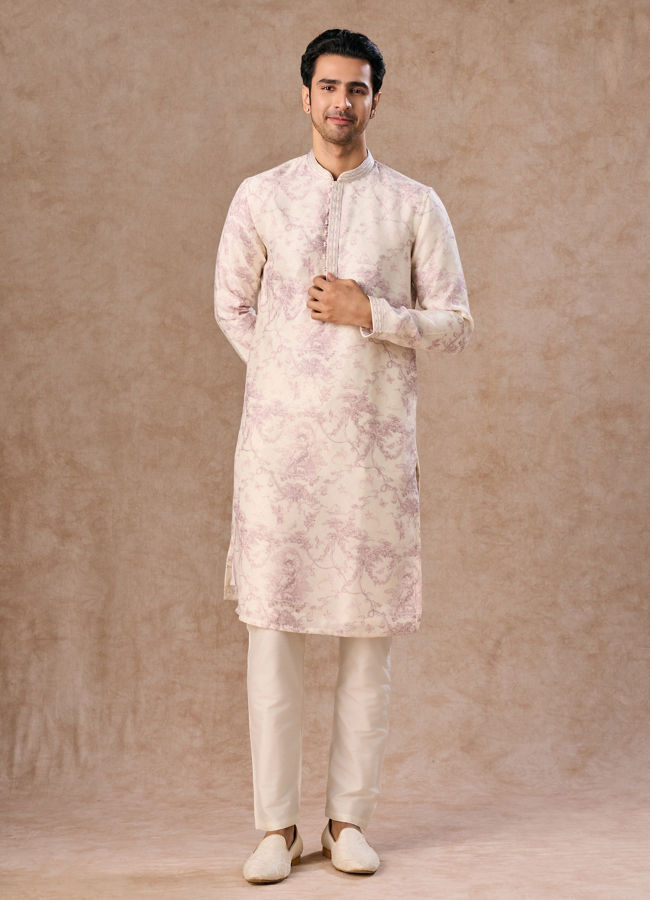 Manyavar Men Cream Dusty Pink Festive Kurta Pajama