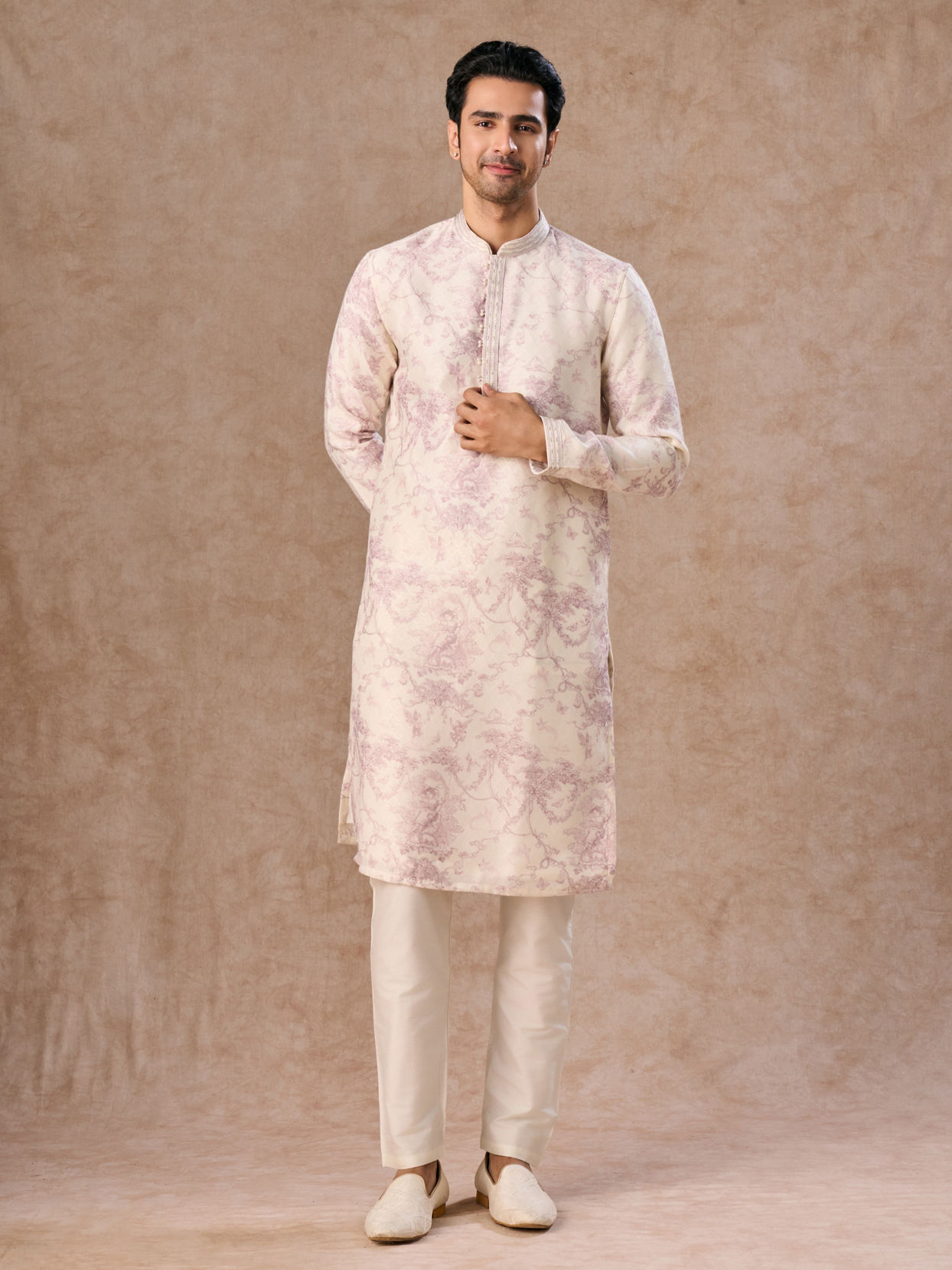 Manyavar Men Cream Dusty Pink Festive Kurta Pajama