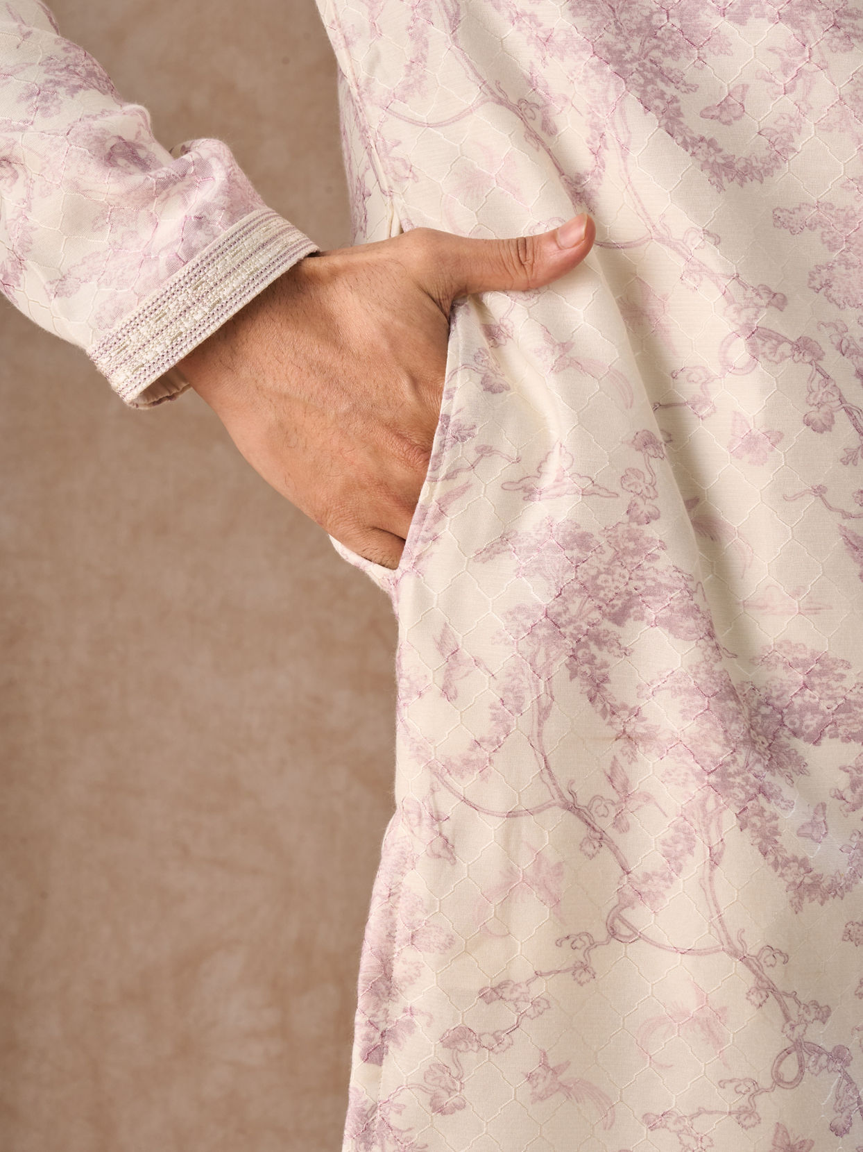 Manyavar Men Cream Dusty Pink Festive Kurta Pajama