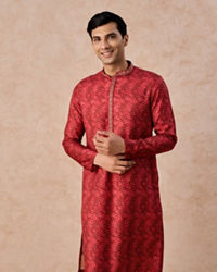 Manyavar Men Rust Art Silk Printed Kurta Pajama