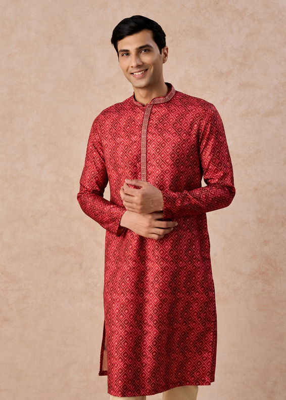Manyavar Men Rust Art Silk Printed Kurta Pajama