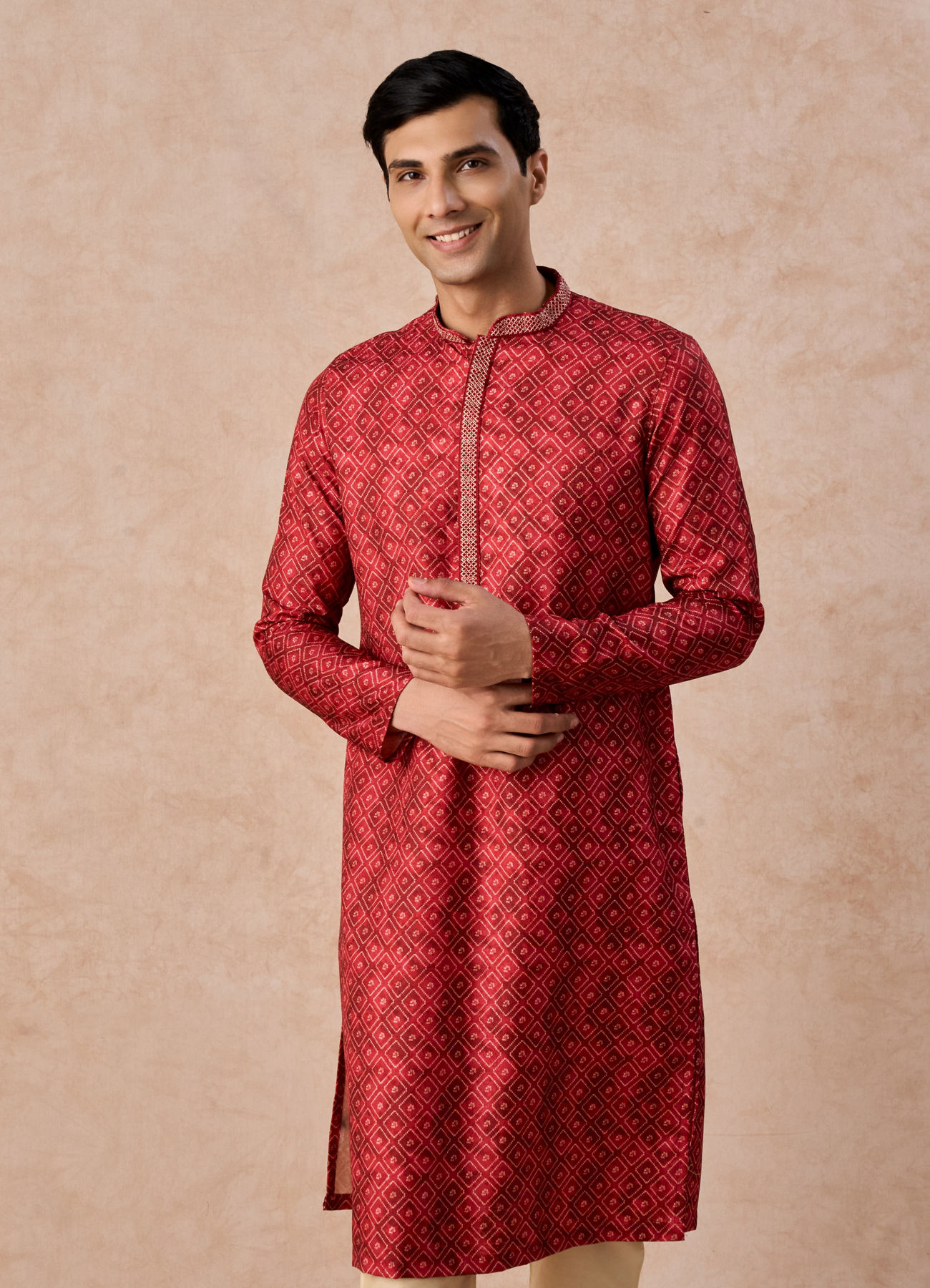Manyavar Men Rust Art Silk Printed Kurta Pajama