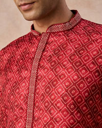 Manyavar Men Rust Art Silk Printed Kurta Pajama