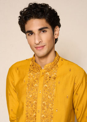 Manyavar Men Yellow Blended Viscose Kurta Pajama with Embroidery