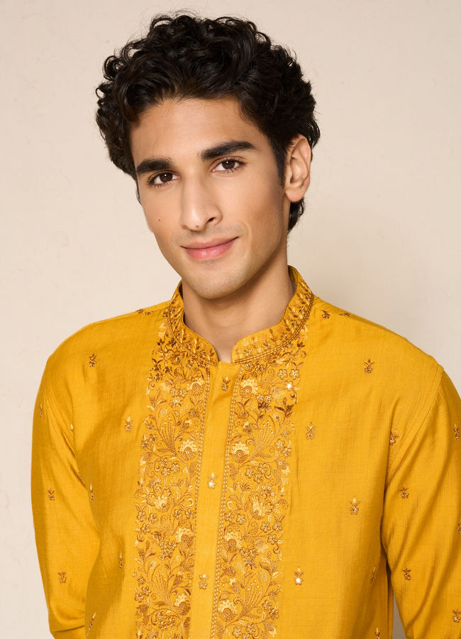 Manyavar Men Yellow Blended Viscose Kurta Pajama with Embroidery