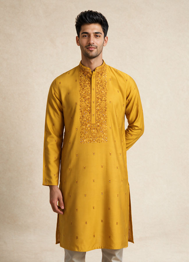 Manyavar Men Yellow Blended Viscose Kurta Pajama with Embroidery