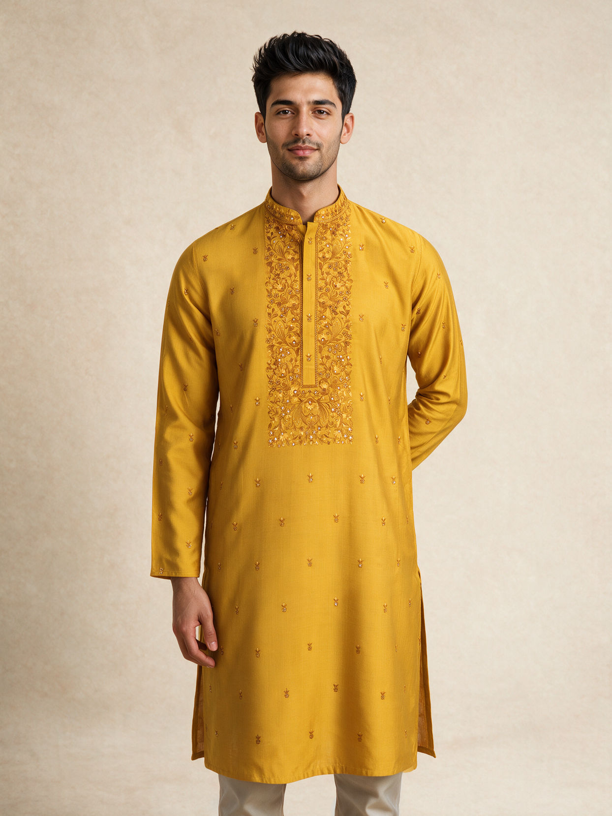 Manyavar Men Yellow Blended Viscose Kurta Pajama with Embroidery