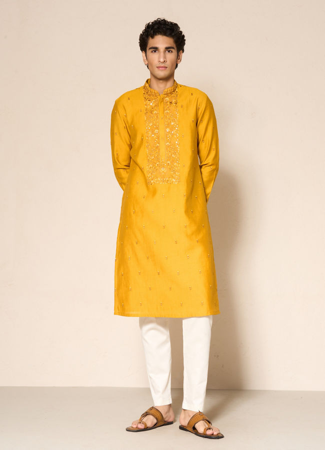 Manyavar Men Yellow Blended Viscose Kurta Pajama with Embroidery