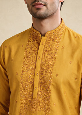 Manyavar Men Yellow Blended Viscose Kurta Pajama with Embroidery