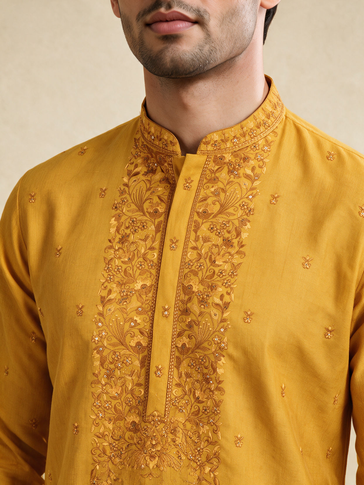 Manyavar Men Yellow Blended Viscose Kurta Pajama with Embroidery
