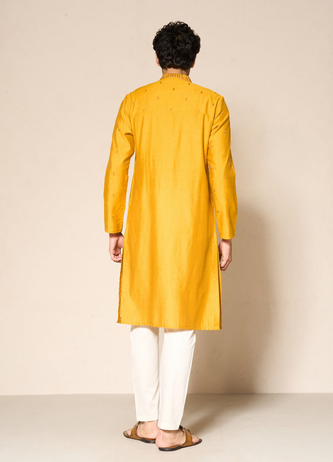 Manyavar Men Yellow Blended Viscose Kurta Pajama with Embroidery