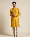 Manyavar Men Yellow Blended Viscose Kurta Pajama with Embroidery