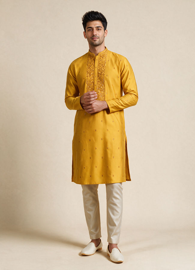 Manyavar Men Yellow Blended Viscose Kurta Pajama with Embroidery