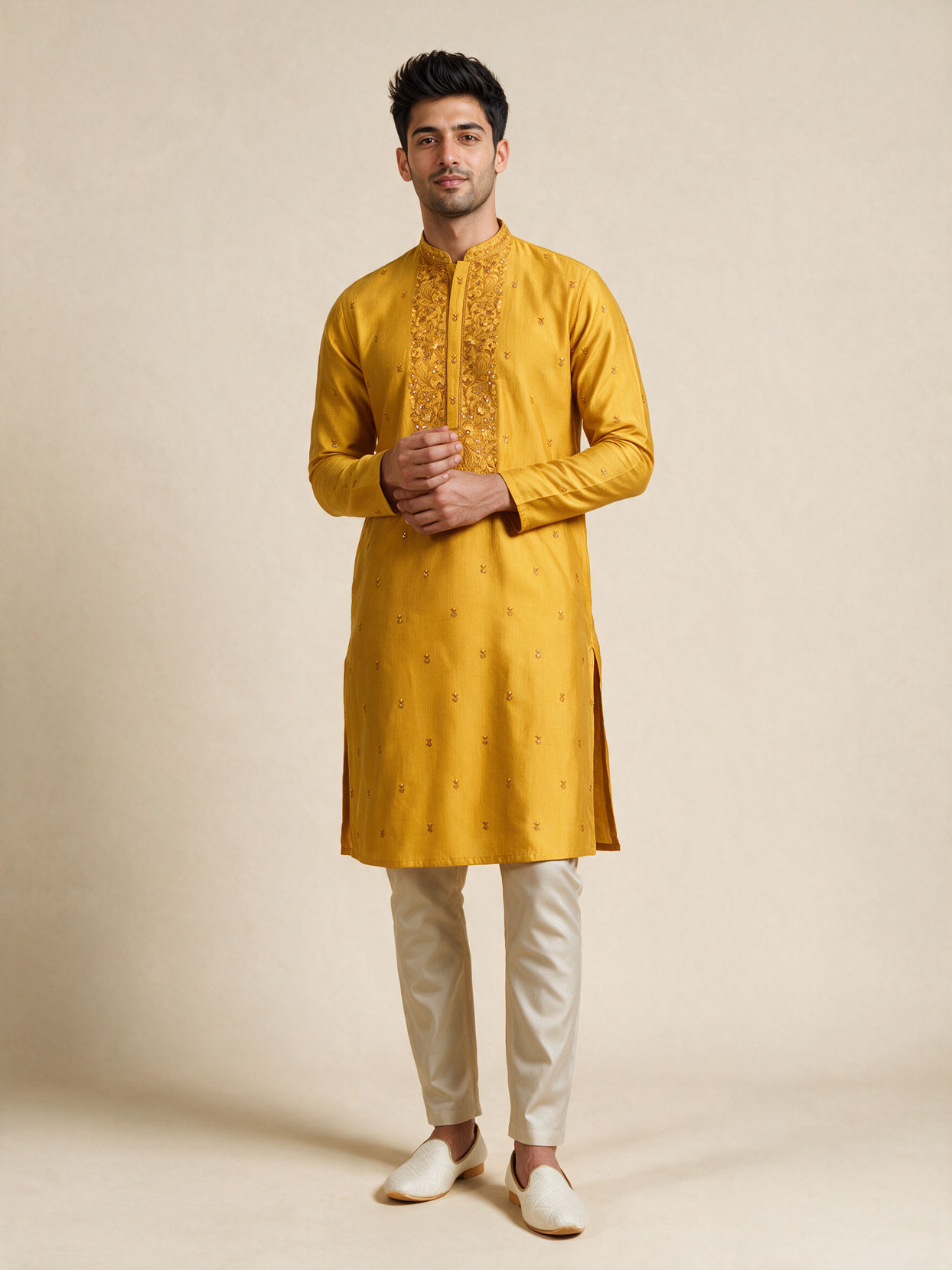 Manyavar Men Yellow Blended Viscose Kurta Pajama with Embroidery