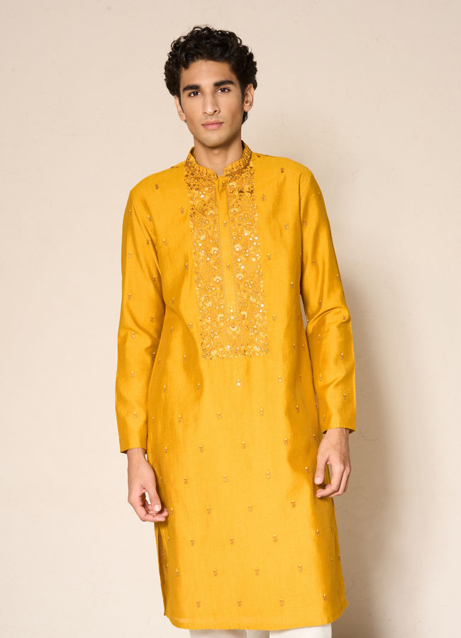 Manyavar Men Yellow Blended Viscose Kurta Pajama with Embroidery
