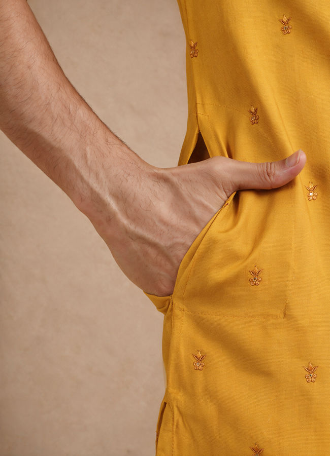 Manyavar Men Yellow Blended Viscose Kurta Pajama with Embroidery