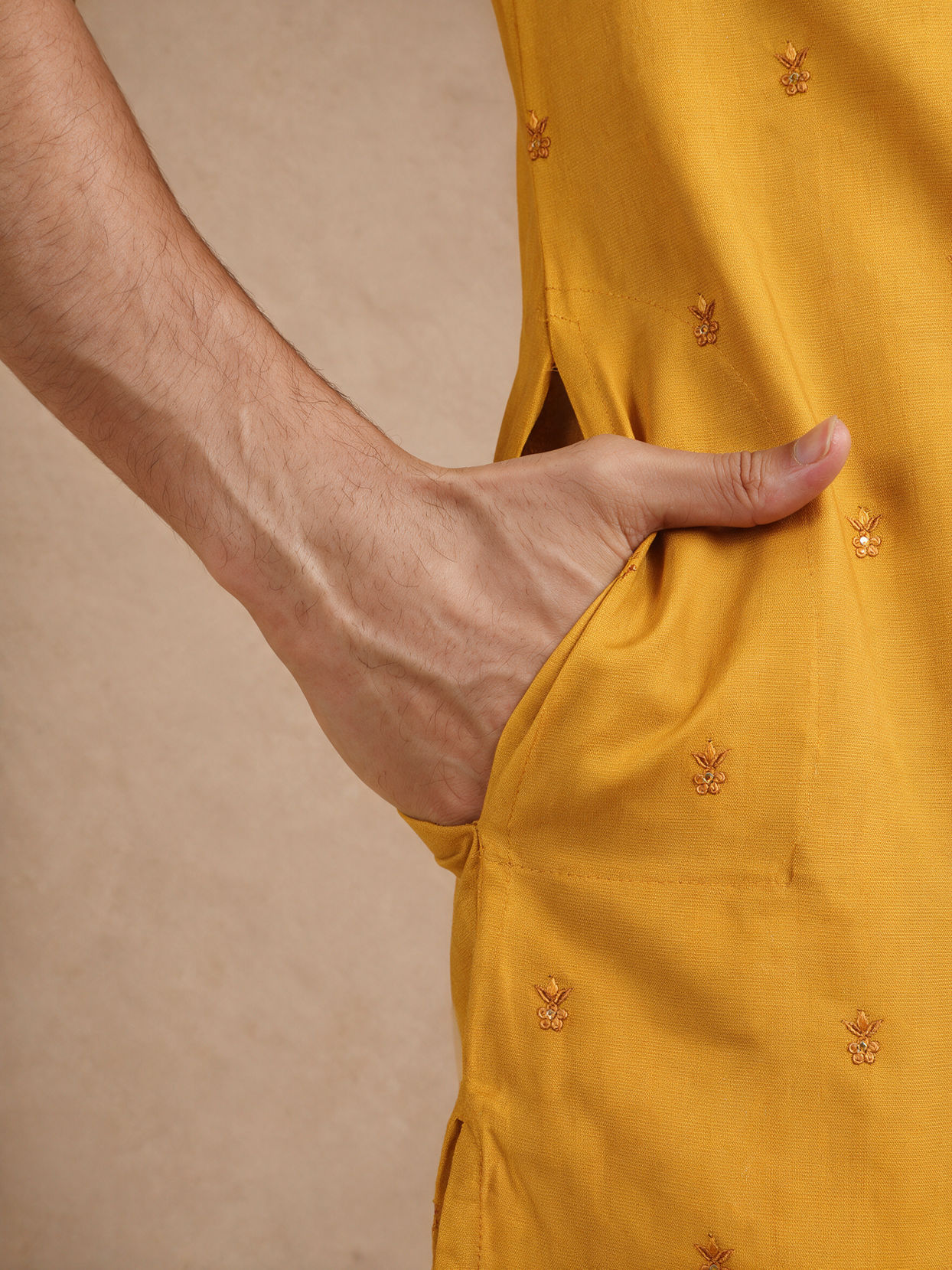 Manyavar Men Yellow Blended Viscose Kurta Pajama with Embroidery