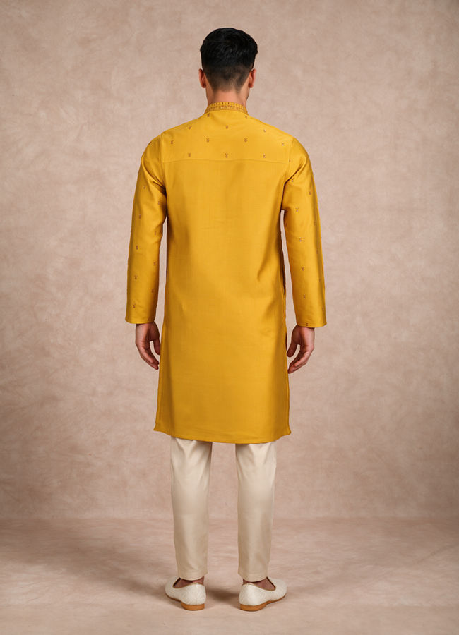 Manyavar Men Yellow Blended Viscose Kurta Pajama with Embroidery
