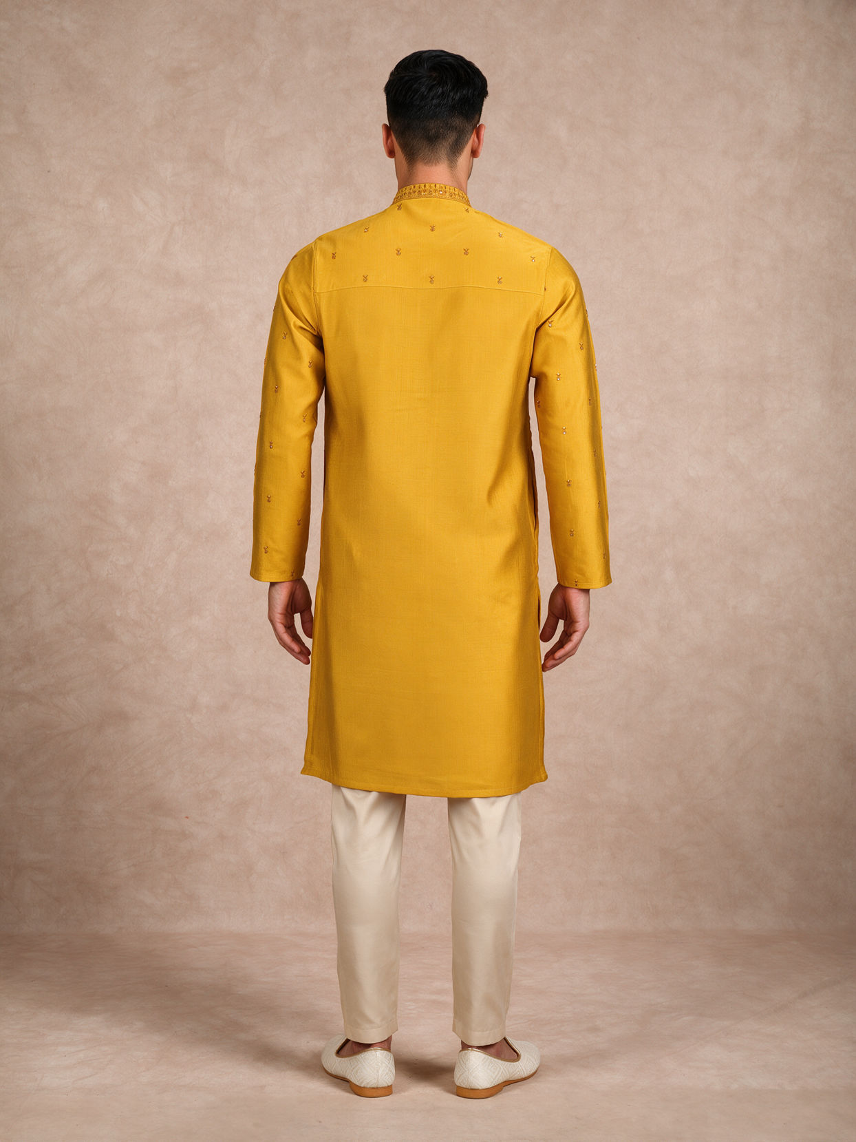 Manyavar Men Yellow Blended Viscose Kurta Pajama with Embroidery