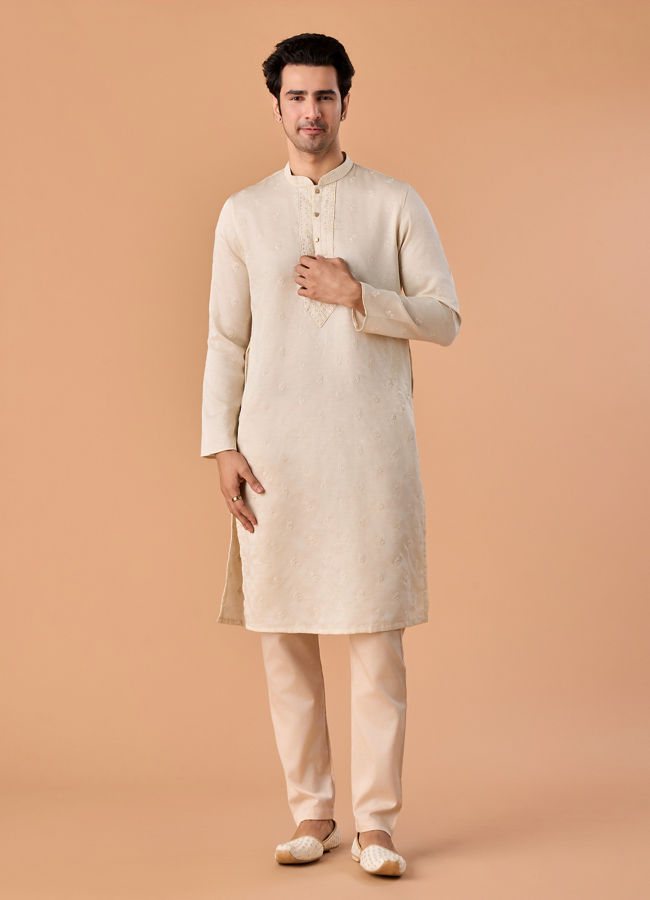 Manyavar Men Satin Elegance Cream Kurta Pajama