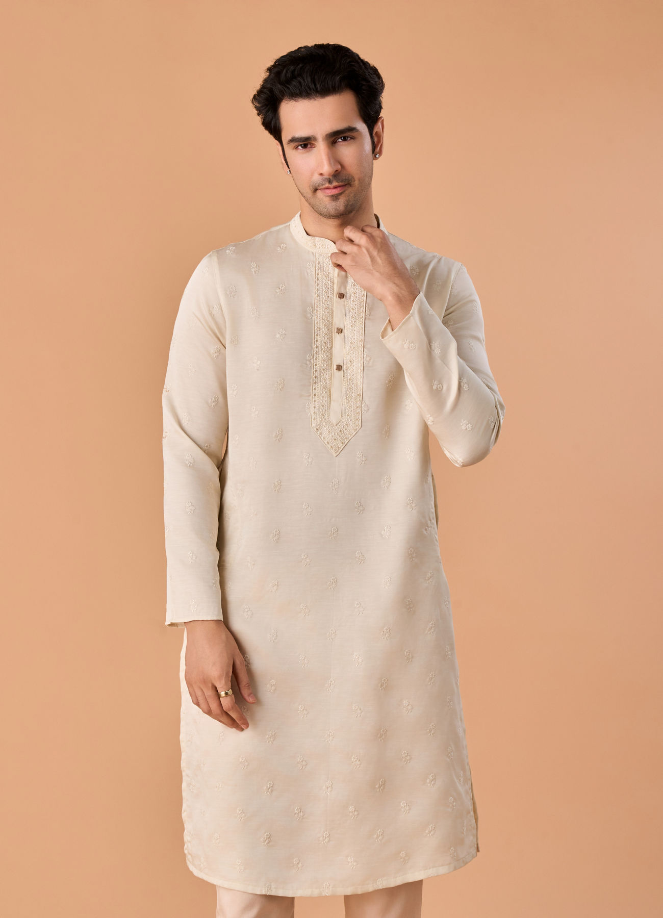 Manyavar Men Satin Elegance Cream Kurta Pajama