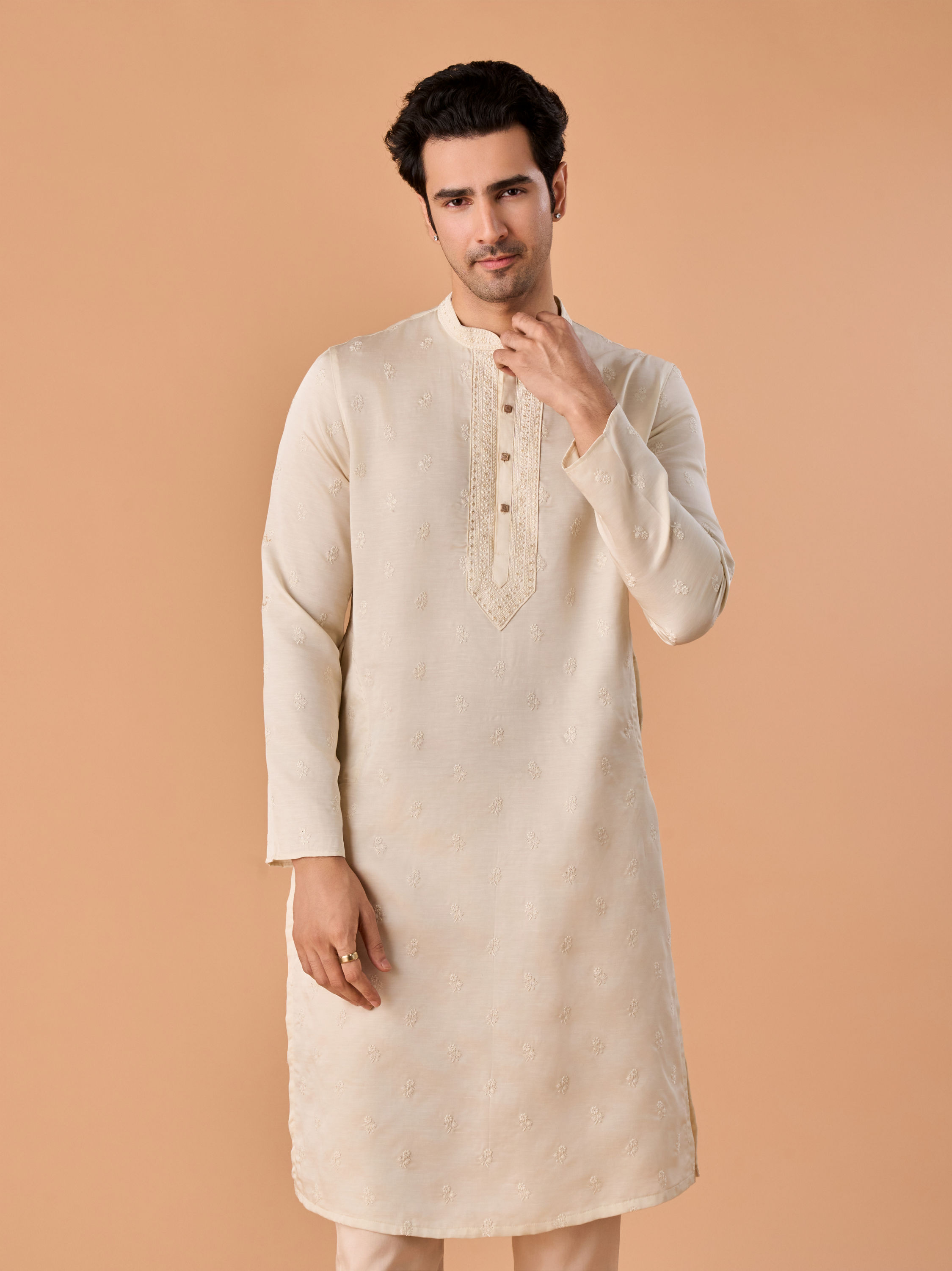 Manyavar Men Satin Elegance Cream Kurta Pajama